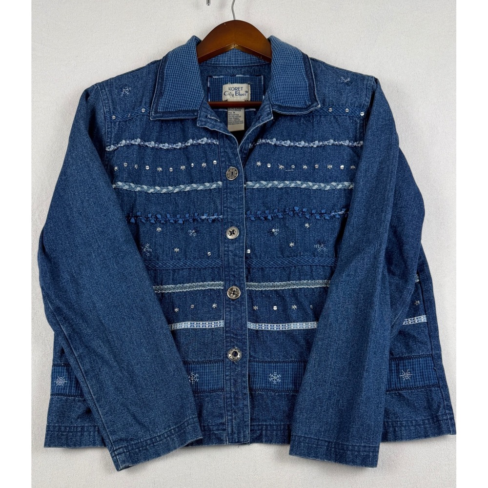 Vintage Koret City Blues Denim Jacket Medium M Snowflake Embroidered Blue 90s